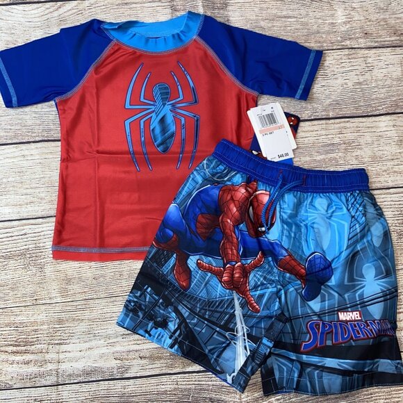 Spiderman 2T Rash Guard Swimsuit Outfit Set Trunks NEW - Picture 1 of 3
